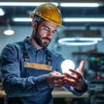 A photograph of a lighting contractor examining a fluorescent bulb in a well-lit workshop