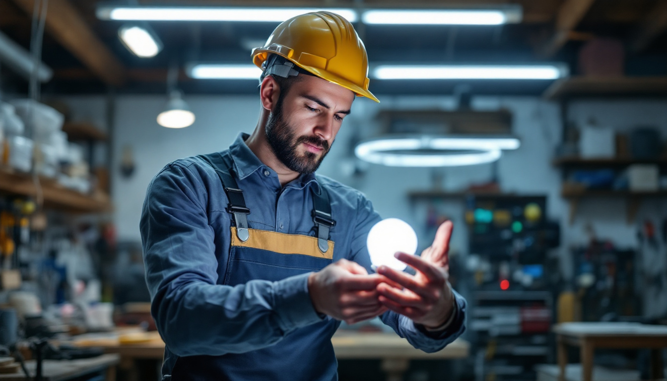 A photograph of a lighting contractor examining a fluorescent bulb in a well-lit workshop