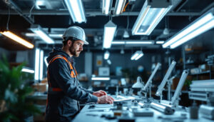 A photograph of a lighting contractor examining various types of fluorescent lights in a well-lit workspace