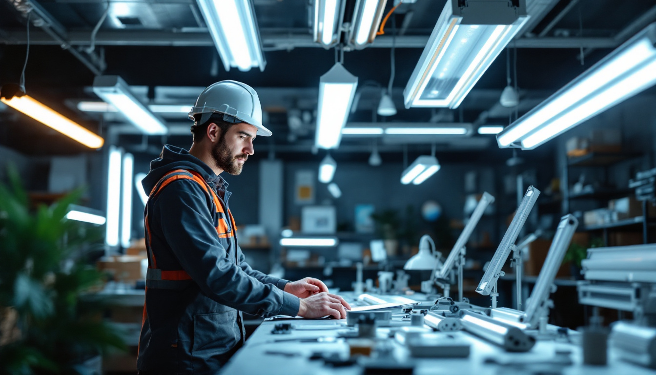 A photograph of a lighting contractor examining various types of fluorescent lights in a well-lit workspace