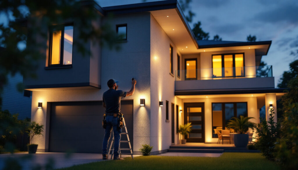 A photograph of a lighting contractor expertly installing exterior led lights on a modern home