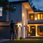 A photograph of a lighting contractor expertly installing exterior led lights on a modern home