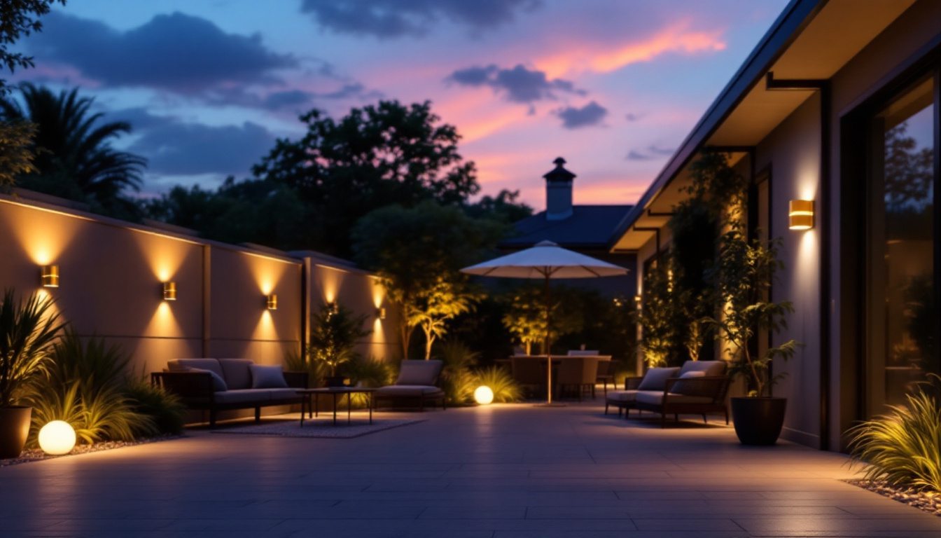 A photograph of a beautifully illuminated outdoor space at dusk