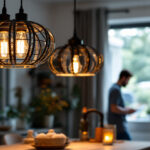 A photograph of a beautifully designed pendant light hanging in a modern home setting