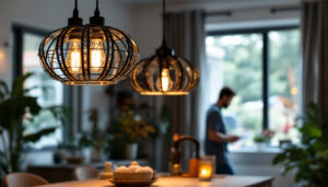 A photograph of a beautifully designed pendant light hanging in a modern home setting