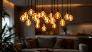 A photograph of a beautifully designed led chandelier in a stylish interior setting