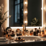 A photograph of a beautifully designed bathroom vanity illuminated by flattering