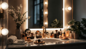 A photograph of a beautifully designed bathroom vanity illuminated by flattering