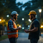 A photograph of a lighting contractor actively engaging with a client in a well-lit outdoor setting