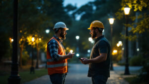 A photograph of a lighting contractor actively engaging with a client in a well-lit outdoor setting