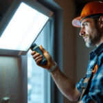A photograph of a lighting contractor at work