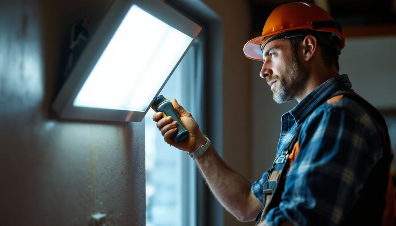 A photograph of a lighting contractor at work
