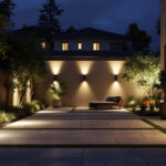 A photograph of a well-lit outdoor space showcasing various types of exterior led lighting installations