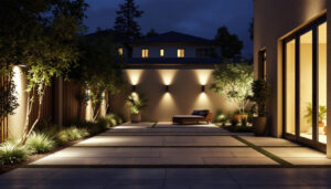 A photograph of a well-lit outdoor space showcasing various types of exterior led lighting installations
