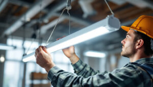 A photograph of a skilled lighting contractor expertly installing a sleek fluorescent light fixture in a modern workspace