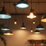A photograph of a well-lit interior space featuring a variety of light fixtures