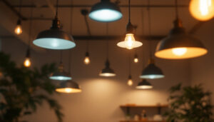 A photograph of a well-lit interior space featuring a variety of light fixtures