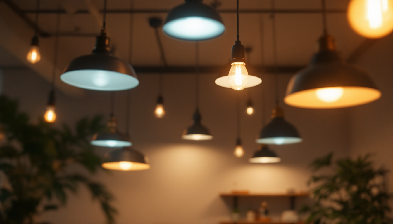 A photograph of a well-lit interior space featuring a variety of light fixtures