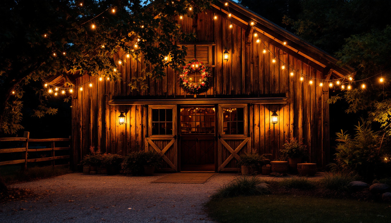 A photograph of a rustic barn setting illuminated by warm