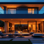 A photograph of a beautifully lit modern outdoor space featuring stylish lighting fixtures