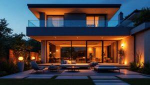 A photograph of a beautifully lit modern outdoor space featuring stylish lighting fixtures