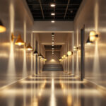 A photograph of a well-lit hallway featuring a variety of stylish lighting fixtures