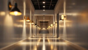 A photograph of a well-lit hallway featuring a variety of stylish lighting fixtures