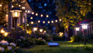 A photograph of a beautifully illuminated outdoor space featuring various solar-powered lights in action