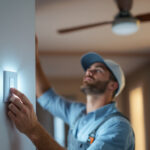 A photograph of a lighting contractor installing a wall switch for a ceiling fan in a modern home setting