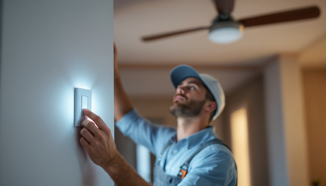 A photograph of a lighting contractor installing a wall switch for a ceiling fan in a modern home setting