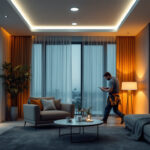 A photograph of a stylishly designed room showcasing modern 4-inch recessed can lights in various settings
