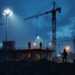 A photograph of a well-lit construction site at dusk