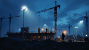 A photograph of a well-lit construction site at dusk