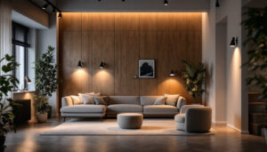A photograph of a beautifully lit interior space showcasing various types of potlights in use