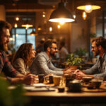 A photograph of a bustling coffee shop environment where lighting contractors are engaged in discussions over coffee
