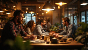 A photograph of a bustling coffee shop environment where lighting contractors are engaged in discussions over coffee