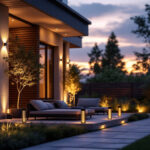 A photograph of a beautifully illuminated outdoor space featuring sleek black outdoor lights