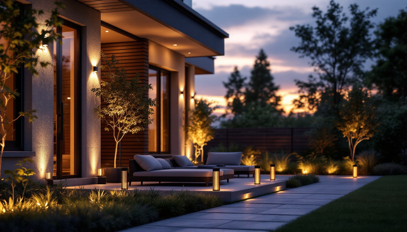 A photograph of a beautifully illuminated outdoor space featuring sleek black outdoor lights