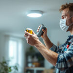 A photograph of a skilled electrician or contractor expertly converting a canned light fixture to a recessed light