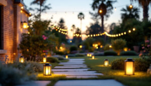 A photograph of a beautifully illuminated outdoor space at dusk