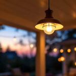 A photograph of a beautifully illuminated ceiling porch light in an inviting outdoor setting