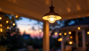 A photograph of a beautifully illuminated ceiling porch light in an inviting outdoor setting