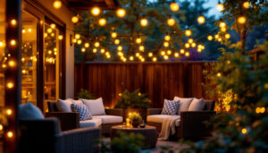 A photograph of a beautifully illuminated outdoor patio scene featuring string lights draped elegantly across a cozy seating area