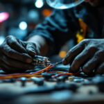 A photograph of a skilled lighting contractor expertly demonstrating the process of wire splicing with a focus on precision tools and connectors