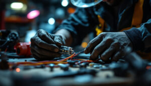 A photograph of a skilled lighting contractor expertly demonstrating the process of wire splicing with a focus on precision tools and connectors