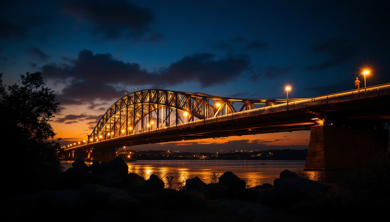 A photograph of a beautifully illuminated bridge at dusk