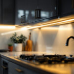 A photograph of a well-lit kitchen featuring sleek