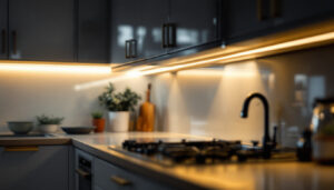 A photograph of a well-lit kitchen featuring sleek