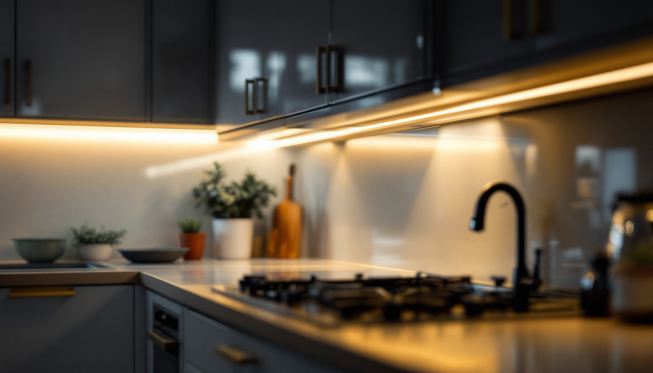 A photograph of a well-lit kitchen featuring sleek