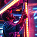 A photograph of a lighting contractor installing led light rolls in a commercial space